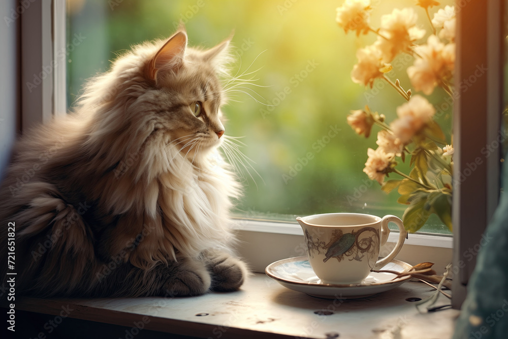 Morning Serenity: Cat Gazing Out a Window Beside a Cup of Tea