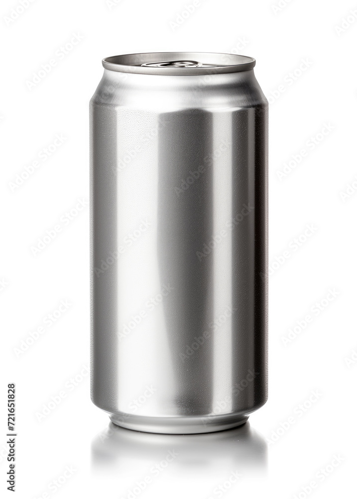 A pristine, blank aluminum can stands isolated against a white background, showcasing its metallic texture and reflective surface. Ideal for product mockups or branding templates. A pristine, blank aluminum can stands isolated against a white background, showcasing its metallic texture and reflective surface. Ideal for product mockups or branding templates.
