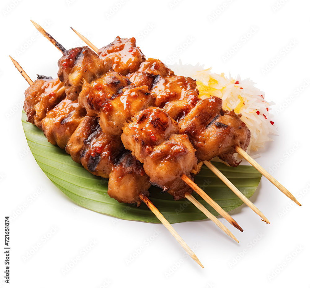 Delicious Indonesian satay, grilled to perfection and served on a green leaf. A mouthwatering traditional dish with authentic flavors.