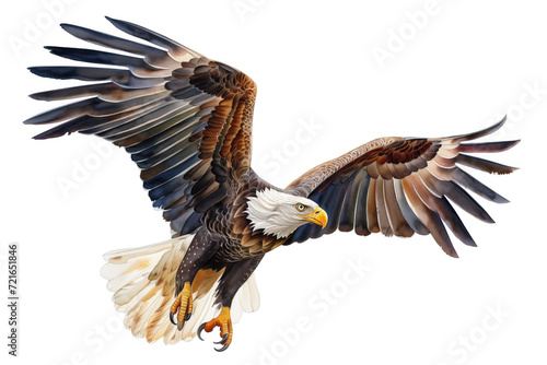 A stunning close-up of a bald eagle in mid-flight  showcasing its powerful wings and intense gaze against a white background.
