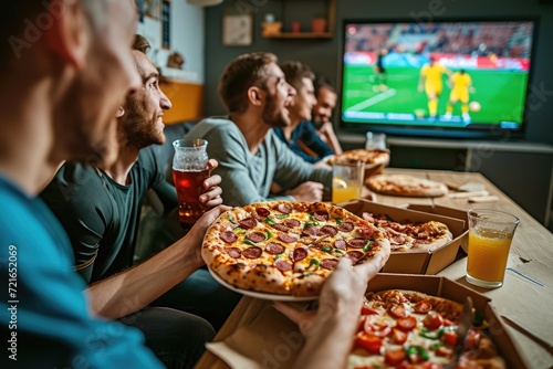 Savoring the Game. Pizza Lovers Enjoying a Bite in a Restaurant with Soccer on TV. 