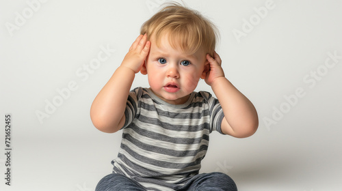a baby boy headache and migraine sitting with back against white wall on the floor,copy space