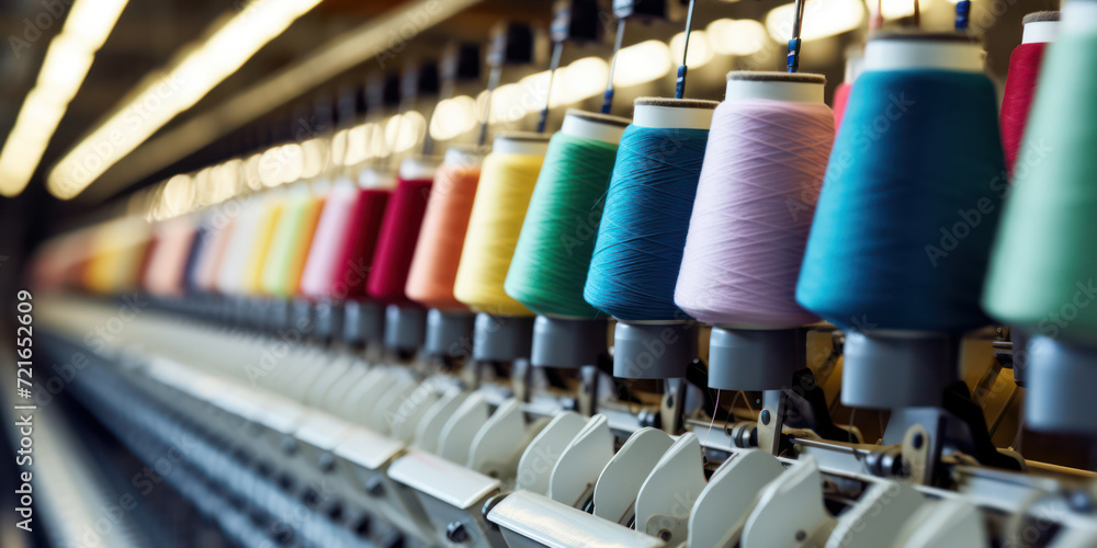 Colorful Thread Spools on Industrial Textile Background Colorful Thread Spools on Industrial Textile Background