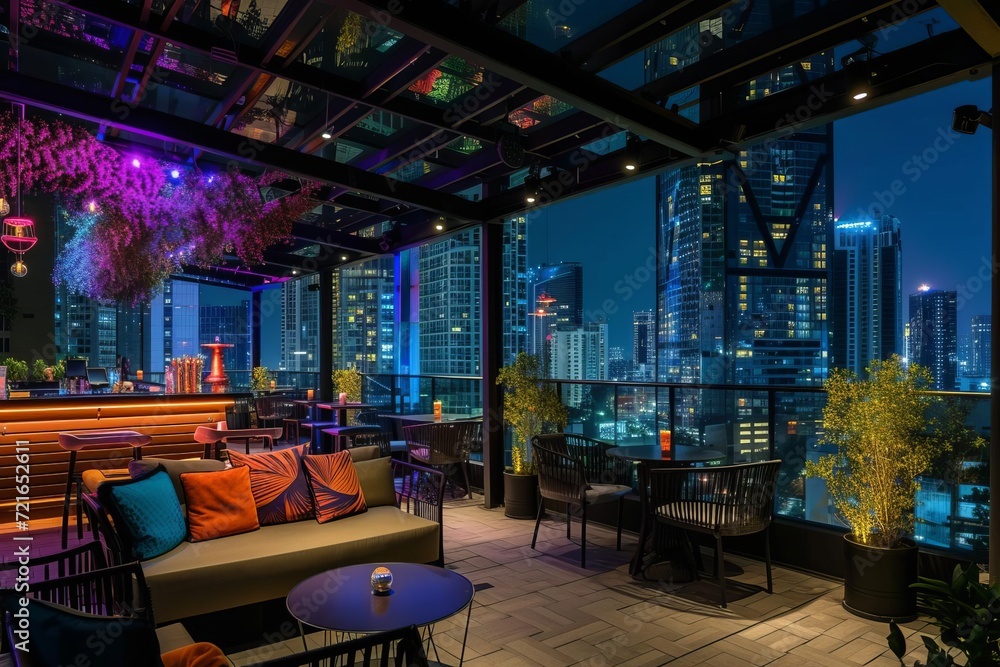 Chic urban rooftop bar with signature drinks and night skyline