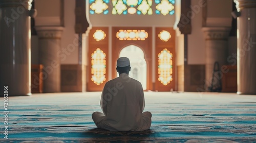a man is seen in the background praying in a mosque