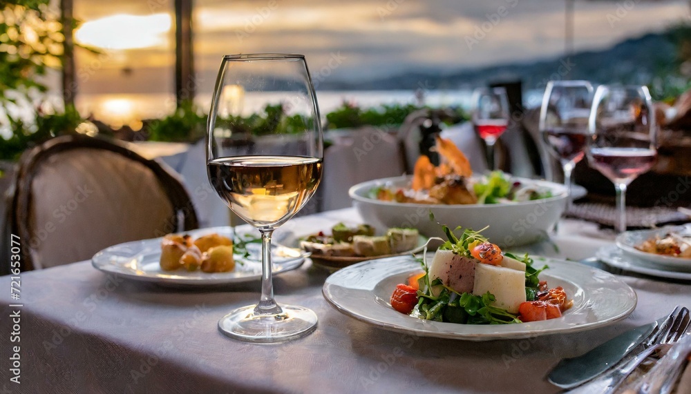 Wine in the restaurant with food and side dishes Wine in the restaurant with food and side dishes