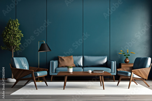 Modern Home Interior Design: Cozy Living Room with Wooden Furniture and Blue Sofa, Vintage Poster on White Wall