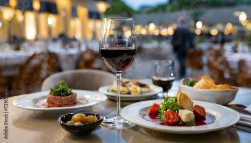 Wine in the restaurant with food and side dishes