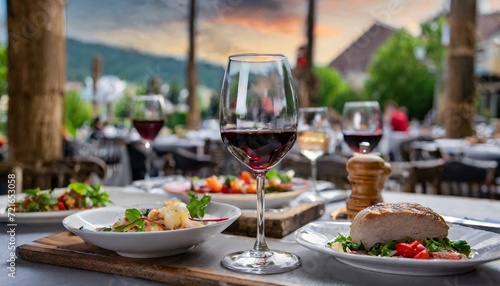 Wine in the restaurant with food and side dishes
