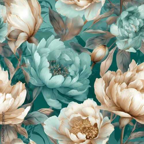Fototapeta Naklejka Na Ścianę i Meble -   premium pattern with peonies flower , classic light color tone in digital painting style