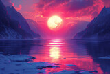 Sunset over a mountain lake, digital art