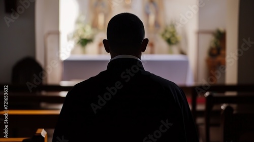 Back view of man praying in church