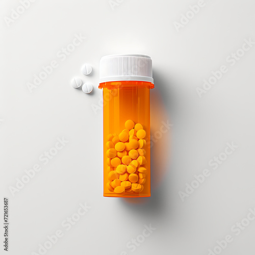 An overhead view of a plastic orange pill bottle isolated on a white background. 