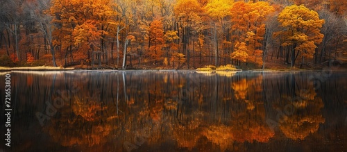Captivating Fall Landscape Reflecting on Serene Lake  A Stunning Autumnal Masterpiece of Fall  Lake  and Landscape