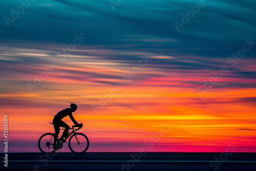 A cyclist's streamlined silhouette is frozen in time against a vibrant sunset, capturing the essence of speed and freedom in a minimalist composition