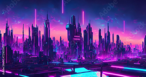 Futuristic futura neon night city skyline photo