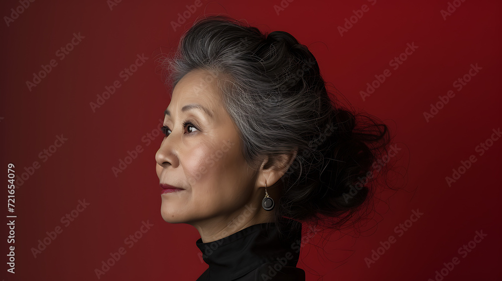Professional side profile portrait of a middle aged lady on a red background