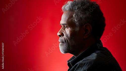 Professional side profile portrait of a middle aged man on a red background
