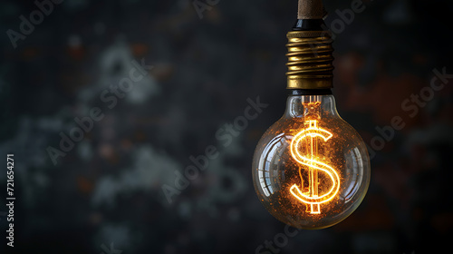 An industrial style lightbulb, with the light shape of a dollar symbol
