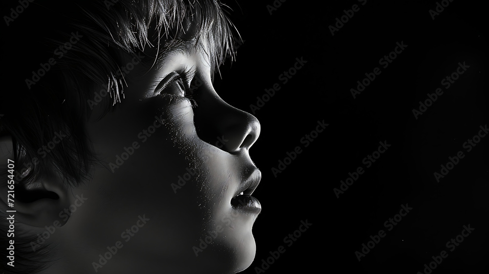 Fototapeta premium Professional side profile portrait of a small boy on a black background