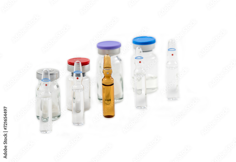 Glass medical ampoule vials for injection. Medicine is dry white drug penicillin powder or liquid with of aqueous solution in ampulla. Glass medical ampoule vials for injection. Medicine is dry white drug penicillin powder or liquid with of aqueous solution in ampulla.