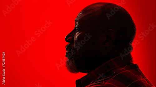 Professional side profile portrait of a middle aged man on a red background