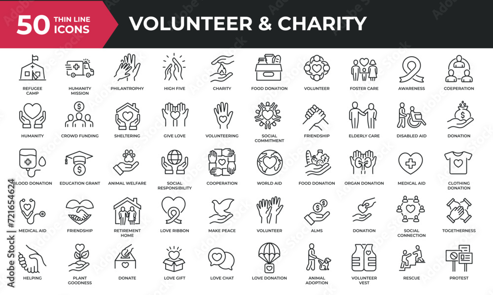 Volunteer minimal thin line icons. Related charity, awareness, donation, aid. Editable stroke. Vector illustration.