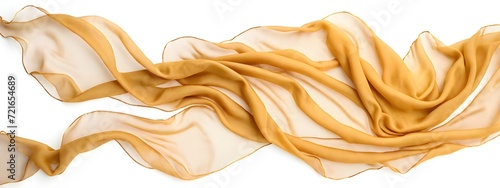 Flying gold silk chiffon fabric on a white background. Weightless silk fabric.