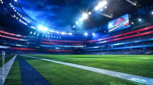Empty football stadium background with green grass and white lines, sports news station background.  photo