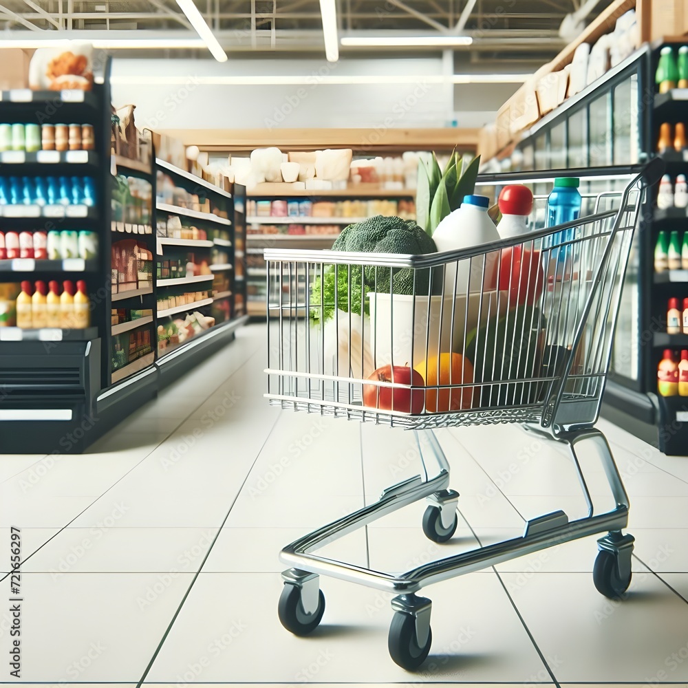 Shopping Cart Poised at the Start of a Grocery Store Aisle Full of Products, supermarket Shopping Cart Poised at the Start of a Grocery Store Aisle Full of Products, supermarket