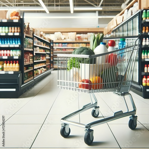 Shopping Cart Poised at the Start of a Grocery Store Aisle Full of Products, supermarket