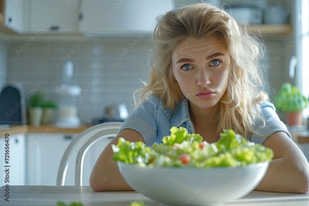 Sad girl boring to eat caesar salad at kitchen table. Sad girl boring to eat caesar salad at kitchen table.