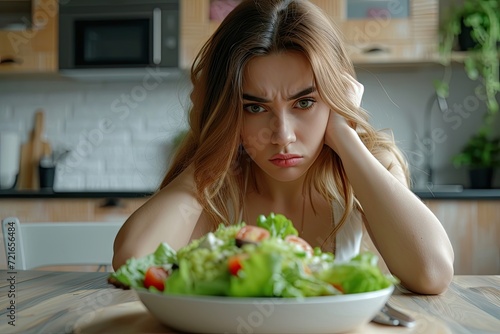 Sad girl boring to eat caesar salad at kitchen table.