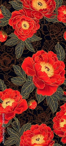 red and white peonies in high detail illustration in seamless pattern