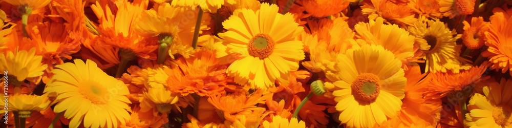 Background full of orange harvested marigold flowers Background full of orange harvested marigold flowers