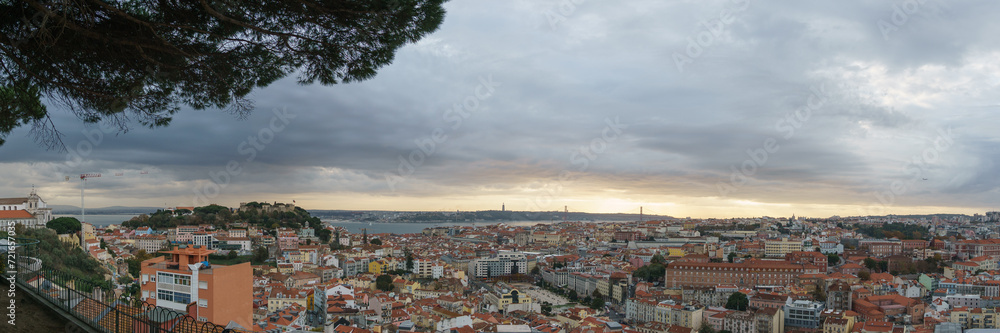 Panorama view of Lisbon famous view from Miradouro da Senhora do Monte tourist viewpoint of Alfama and Mauraria old city district, Lisbon, Portugal