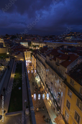 View over the city centre of portuguese capital and Parca Dom Pedro IV during night time, Lisbon, Portugal