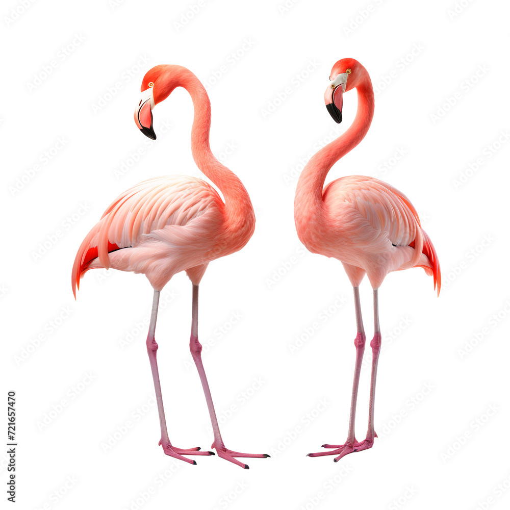 Two flamingos bird standing, isolated on transparent background
