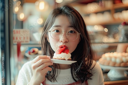 Cute young woman is eating Biscuit Strawberry Shortcake.