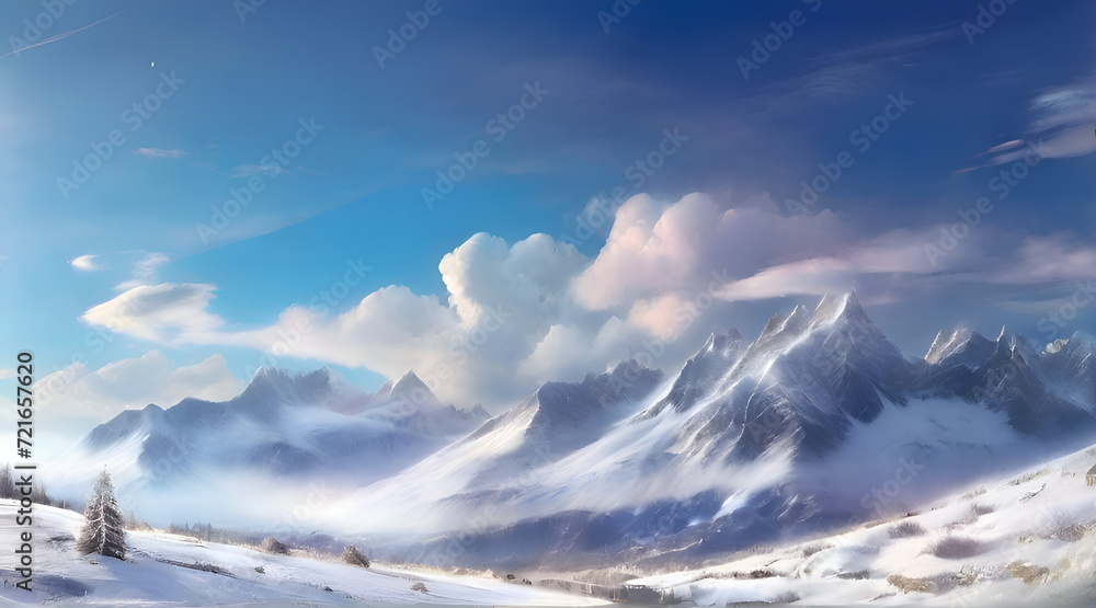 Landscape panorama of the snowy mountains