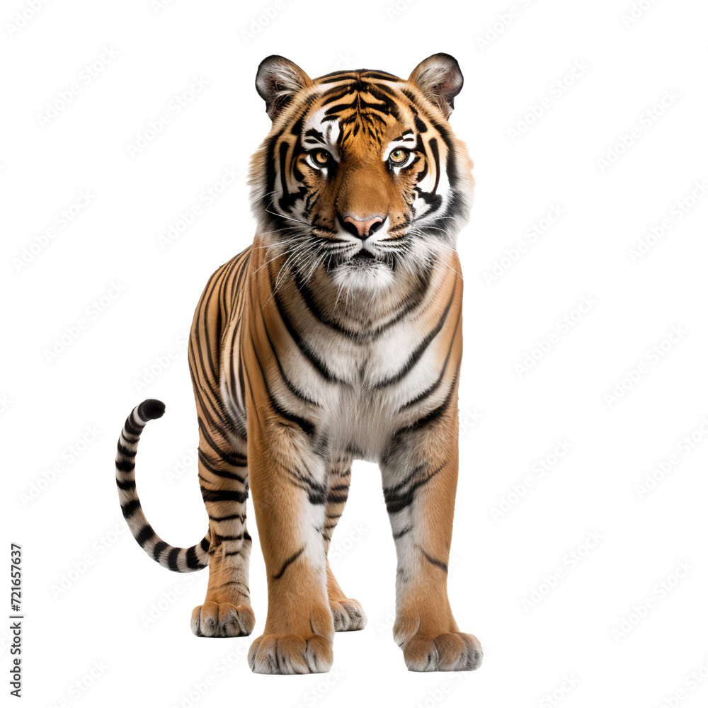 Portrait of a Sumatran Tiger full body isolated on white, transparent background