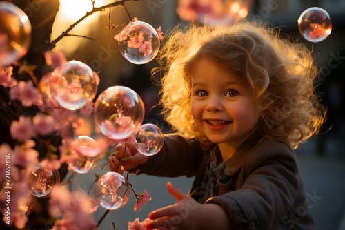 sparkling joy. down syndrome girl in cherry blossom park, creating bubbles in the warm glow, embracing playfulness with pure happiness