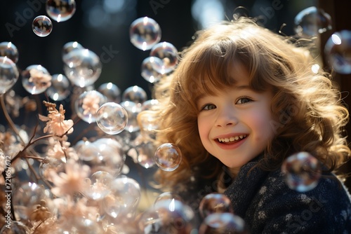 Happy five-year-old girl with down syndrome playing in sunny cherry blossom park