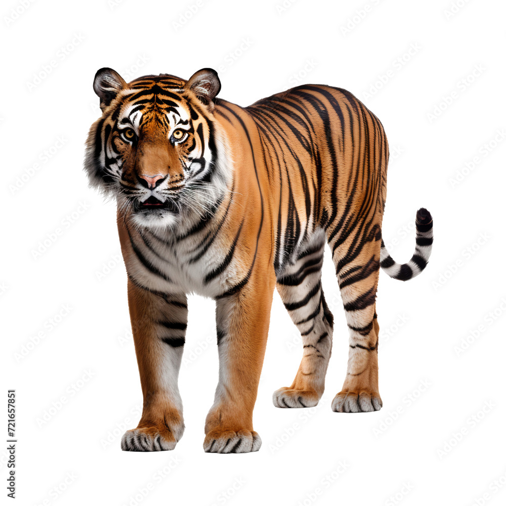 Portrait of a Sumatran Tiger full body isolated on white, transparent background