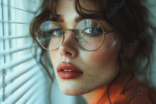 Portrait of a young woman wearing glasses near a window with blinders - Generative AI