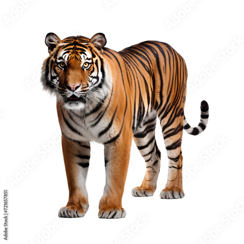 Portrait of a Sumatran Tiger full body isolated on white  transparent background