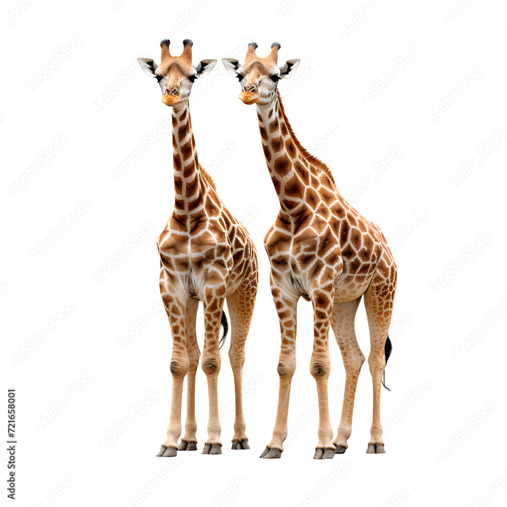 Two giraffes standing isolated on white background