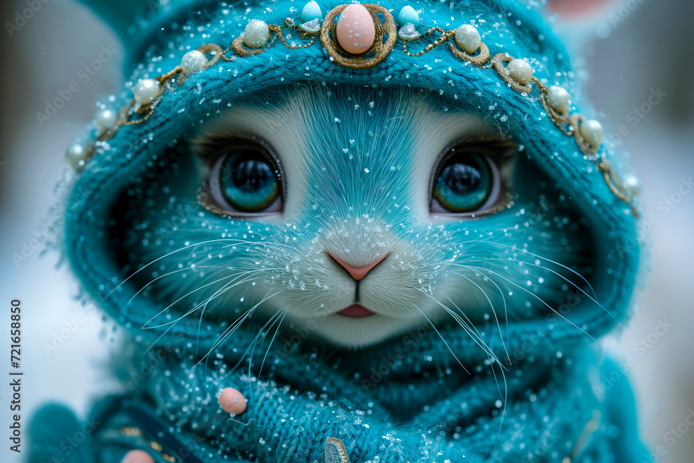 Close-Up Of A Blue And White Cat Figurine Dressed In A Bejeweled Teal Hood And Scarf Close-Up Of A Blue And White Cat Figurine Dressed In A Bejeweled Teal Hood And Scarf