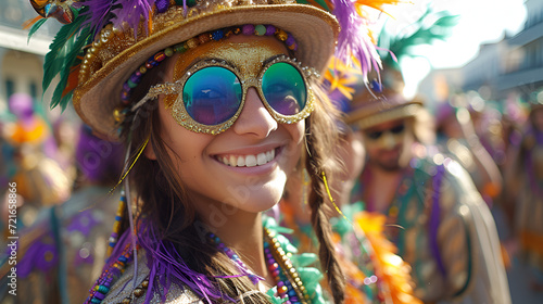Female having fun at Mardi Gras style festival - sunglasses - beads - costume