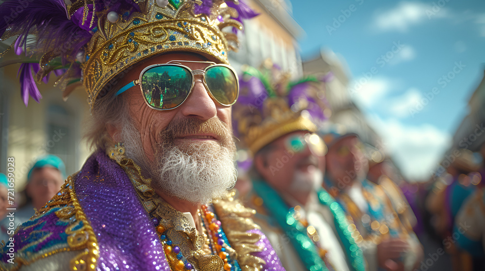 male having fun at Mardi Gras style festival  - sunglasses - beads - costume